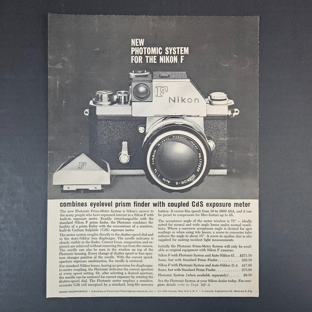 1962 Nikon F Film Camera Vintage Print Ad Ehrenreich Photo-Optical Industries NY